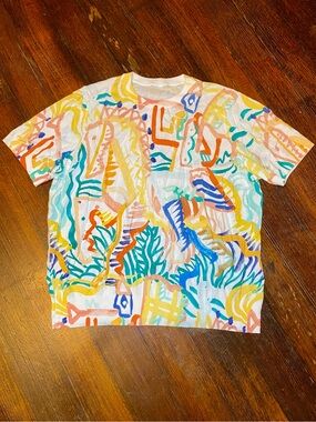 EUC Silk/Cotton/Linen Abstract Horse Multicolor Short Sleeve Knit Top